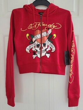 Ed Hardy Womens Cropped Full Zip Hoodie Skull "Love Kills Slowly" Sacred Heart M